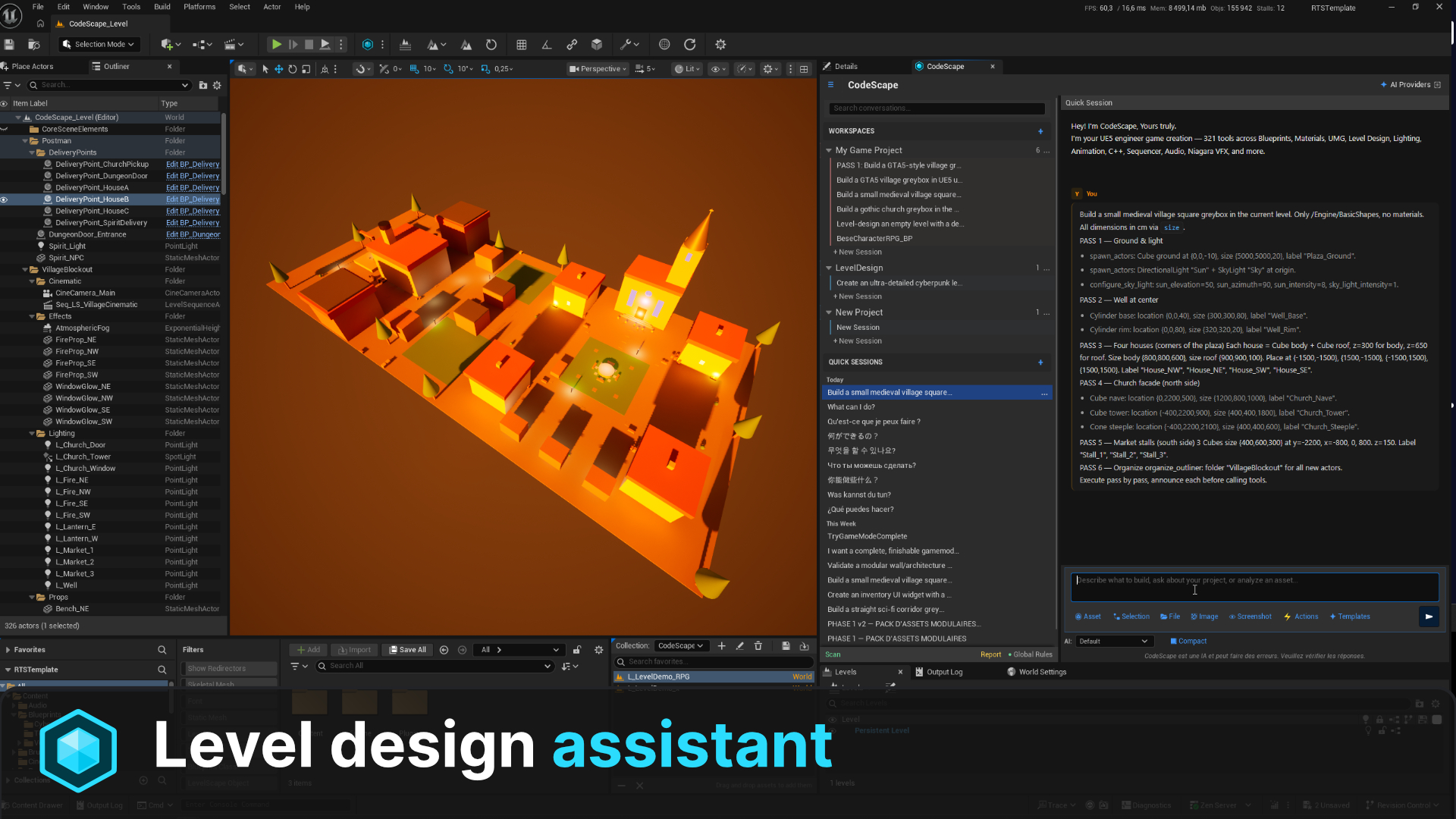 CodeScape acting as a level design assistant inside Unreal Engine 5: a medieval village built from a natural language prompt.