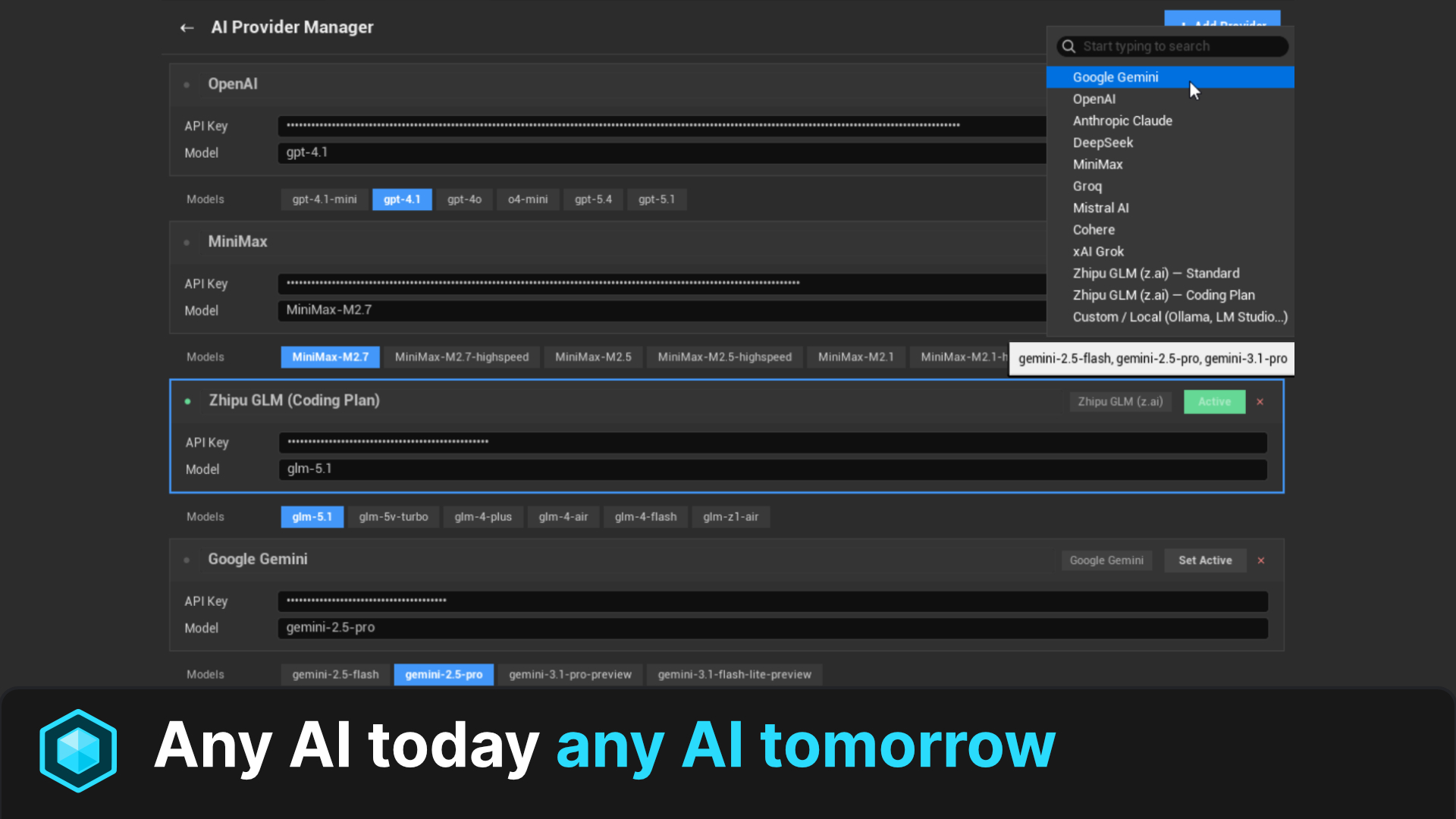 CodeScape AI Provider Manager inside the Unreal Engine 5 editor: OpenAI, MiniMax, Zhipu GLM and Google Gemini configured side by side.