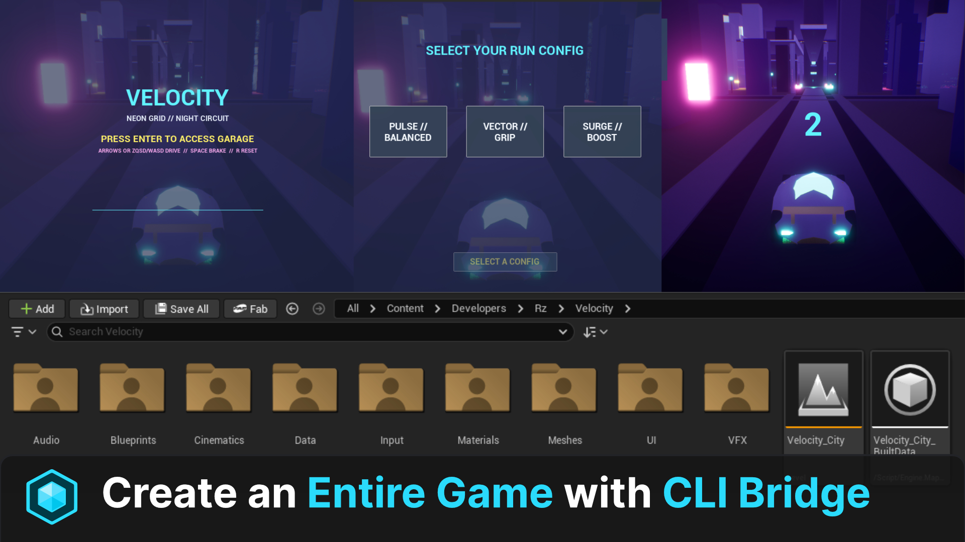 An entire neon-grid racing game built end-to-end through the CodeScape MCP CLI Bridge: title screen, run config picker, in-game cockpit and structured Content browser.